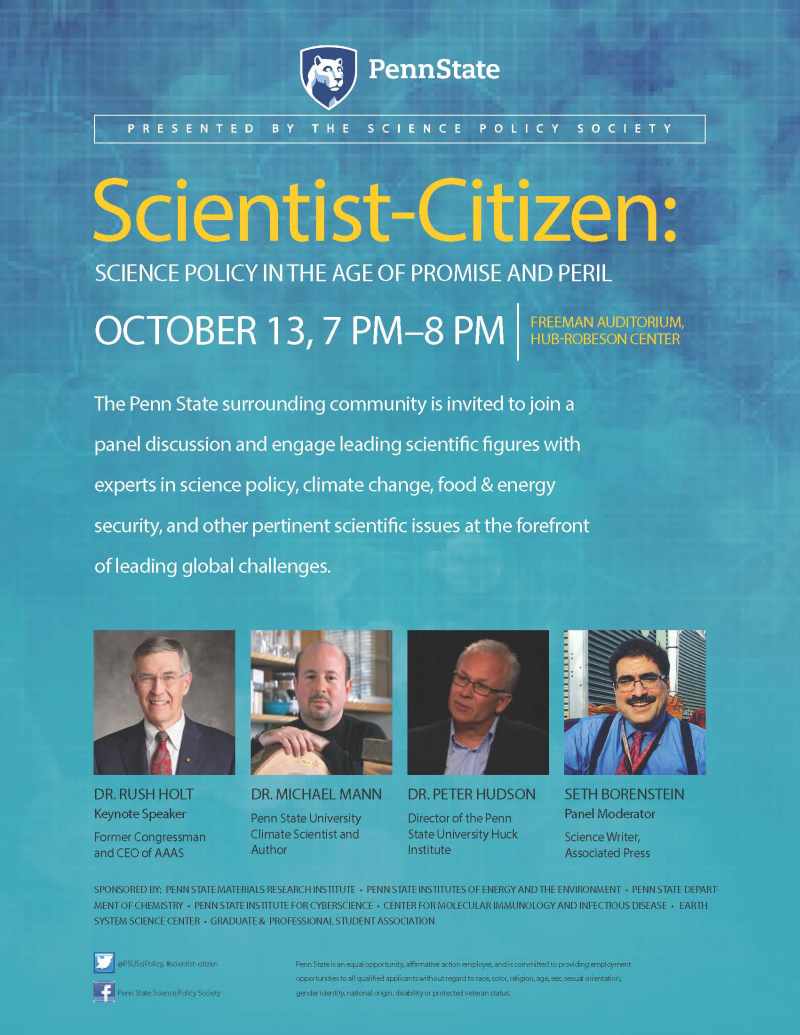 Holt, Hudson, and Mann science politics panel flyer 2016
