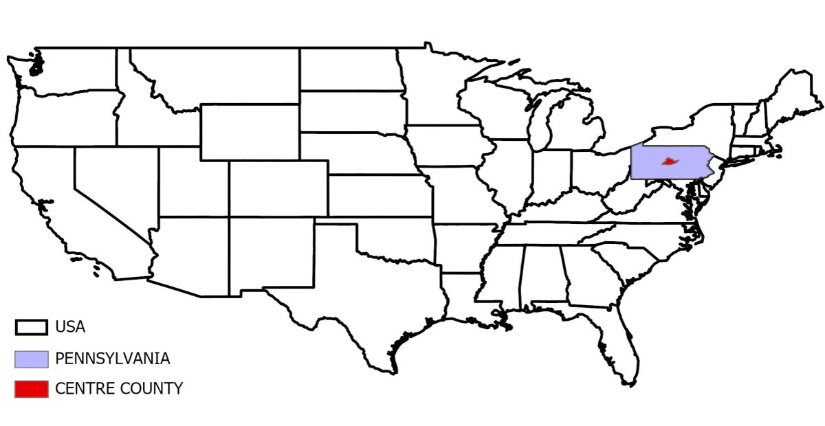 USA, Pennsylvania and Centre County map